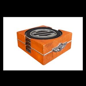 Harley-Davidson Metal Coasters Set 4 w/ Wood Holder Bar Shield Flames Eagle 2003